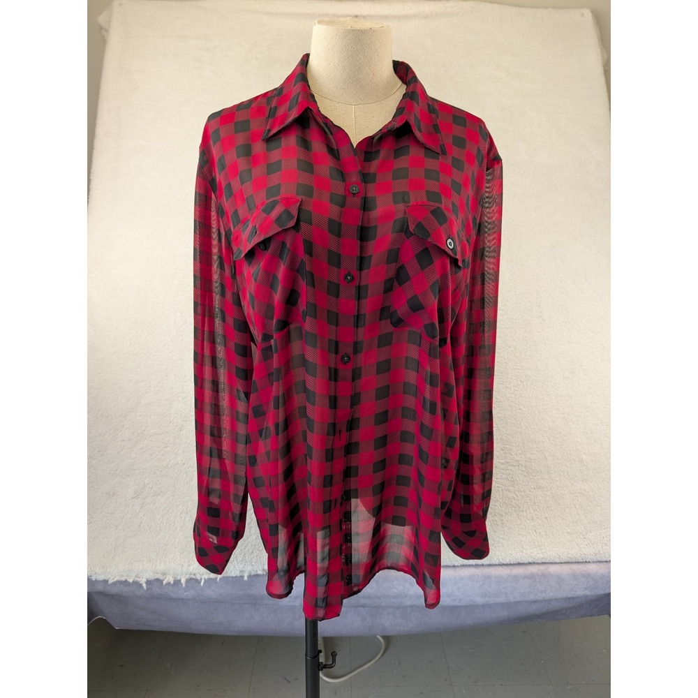 Chaps Womens Red Black Buffalo Plaid Sheer Button Down Shirt Medium Long Sleeve